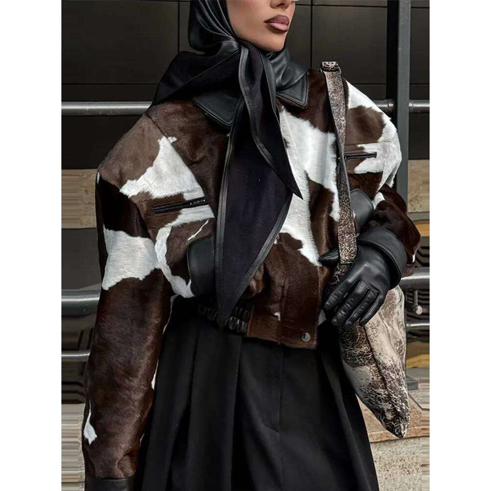 Fashion Womens Cow Print Jacket Lapel Collar Short Length Zipper Button Coats Autumn Winter Female Trendy Warm Outerwear