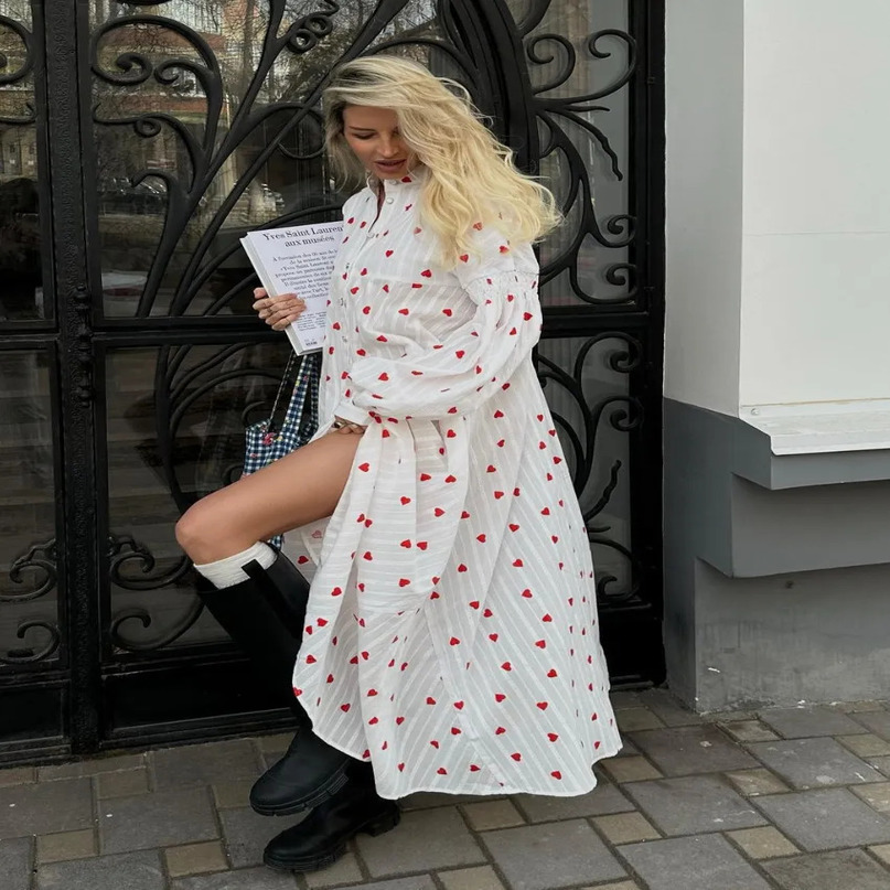 Basic Casual Dresses Bornladies Jacquard Heart Print Long Sleeve Dress Women Fashion Loose Vestidos Vintage Female Aline 100% Cotton Summer 231005