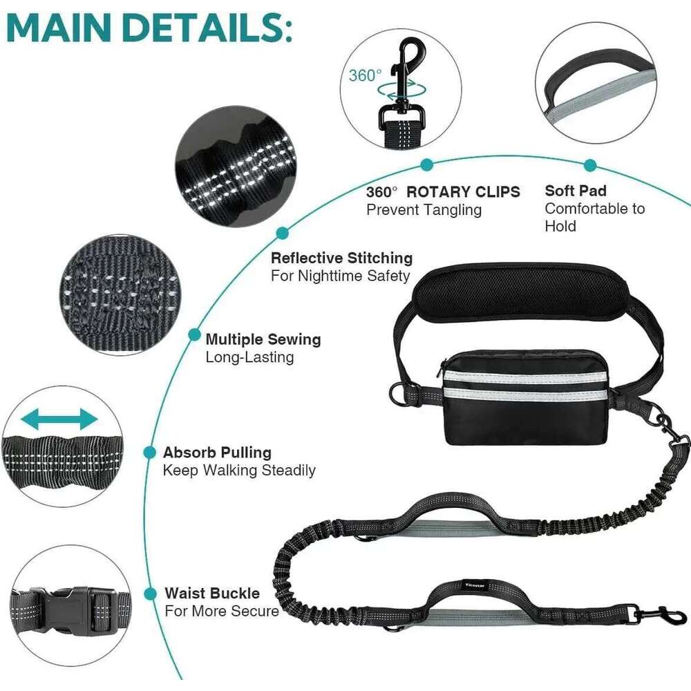 Hands Free Pouch, Leash for Two Dogs, Retractable Bungee with Double Padded Handles, Dog harness