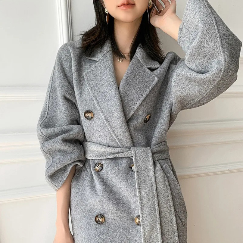 High quality doublesided 100% wool coat womens long elegant loose cashmere winter jacket 240823