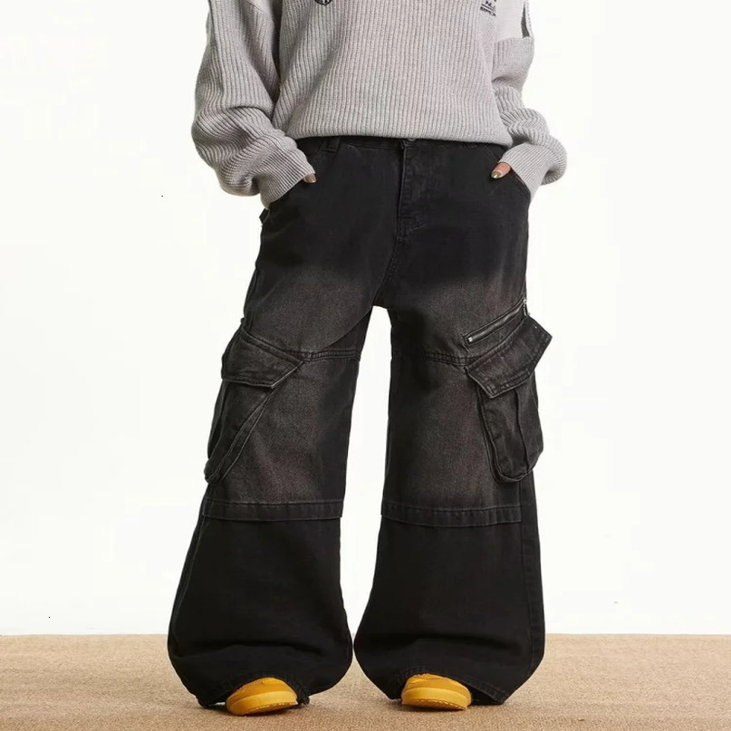 Cyber Y2K Streetwear Washed Black Baggy Cargo Jeans Pants For Women Clothing Multi Pockets Lady Cotton Trousers Womens Clothing 250612