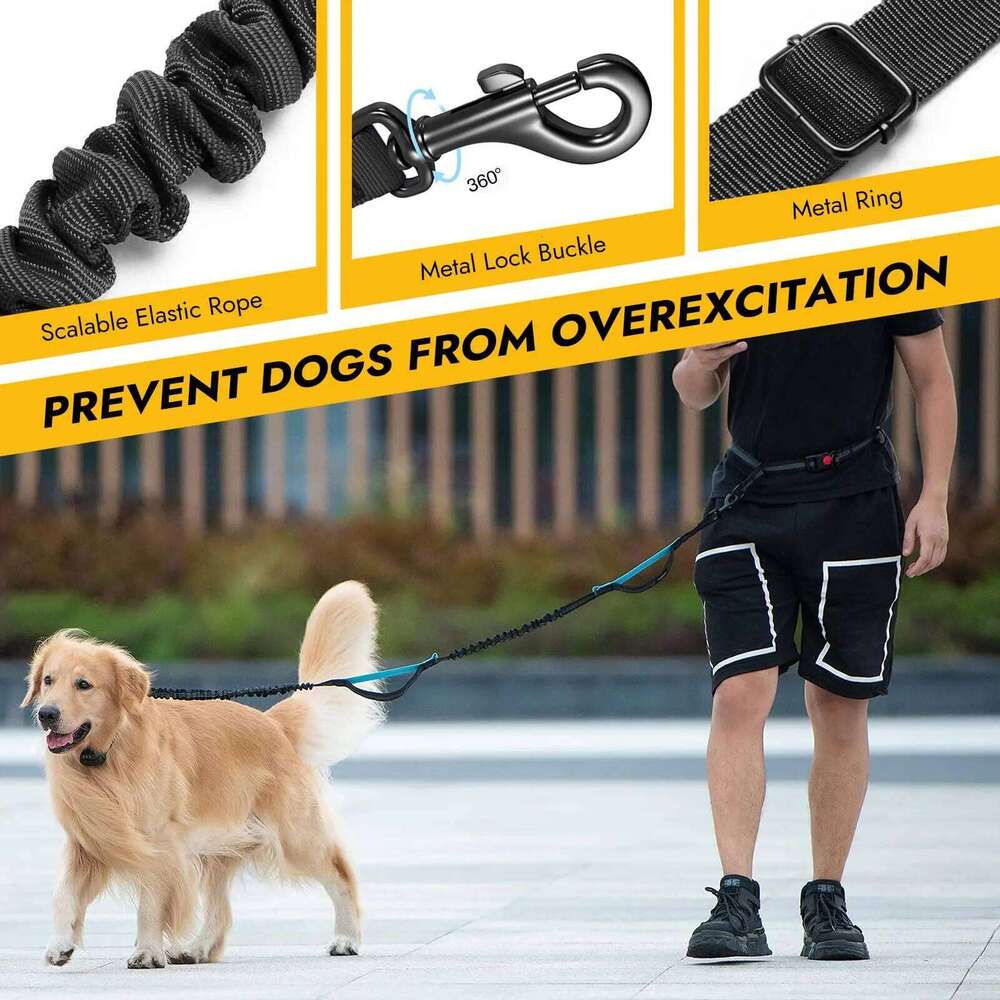 Hands-free running leash with adjustable belt, double handle elastic strap retractable rope for medium and large dog