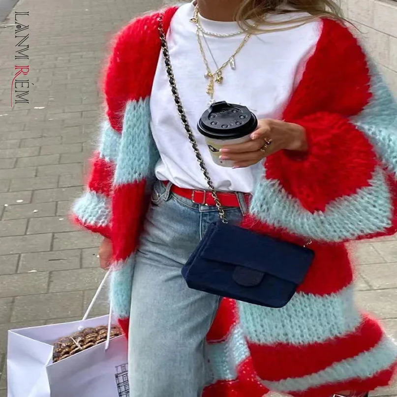 LANMREM High Street Striped Knited Cardigan For Women Lantern Sleeves Contrast Color Long Sweater Autumn Winter 2Z2559 241112