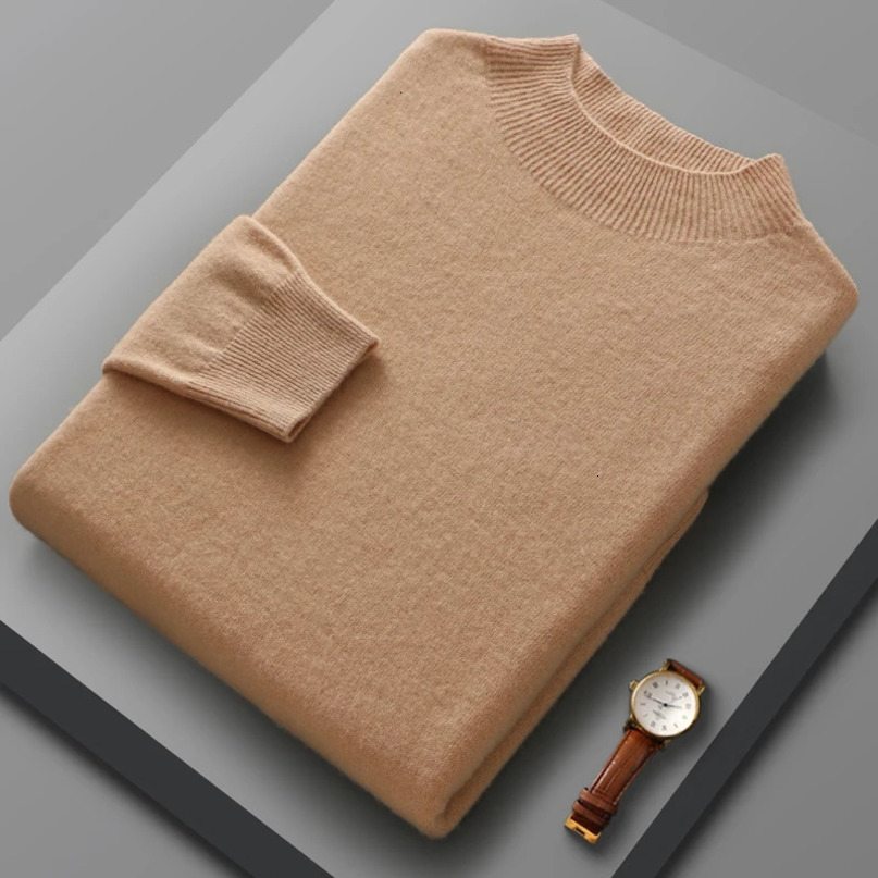 100% Merino wool sweater mens semi high neck knitted hooded Spring and Autumn cashmere Versatile 241115