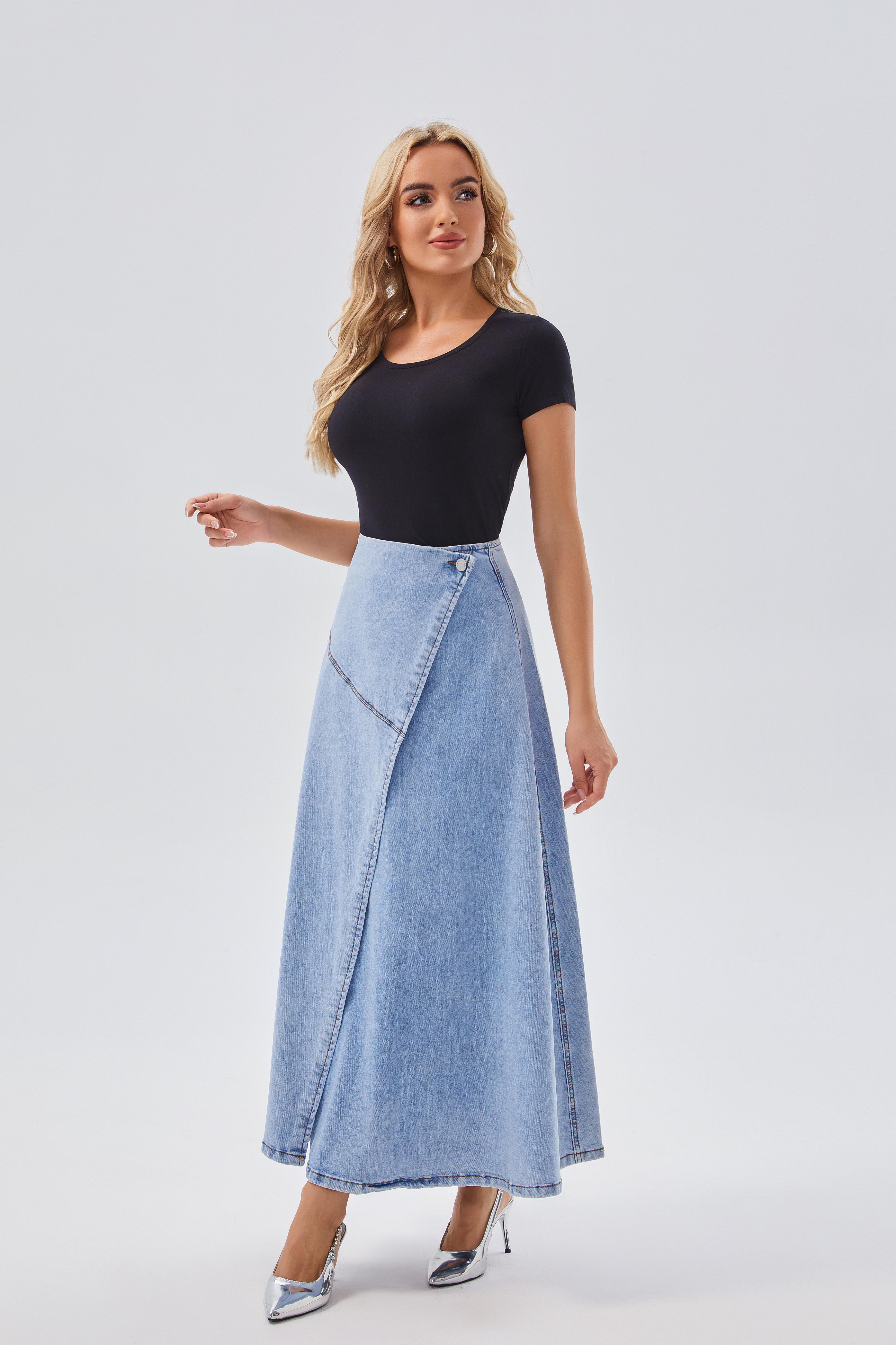 Skirts Women's Asymmetric Button - Up Light Blue Denim Midi Skirt - Trendy & Versatile, Perfect for Casual & Semi - formal Occasions