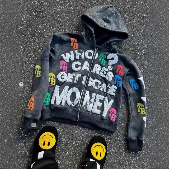 Y2K Trend American Style Printed Loose Casual Comfortable Hooded Zipper Sweatshirt Jacket Top