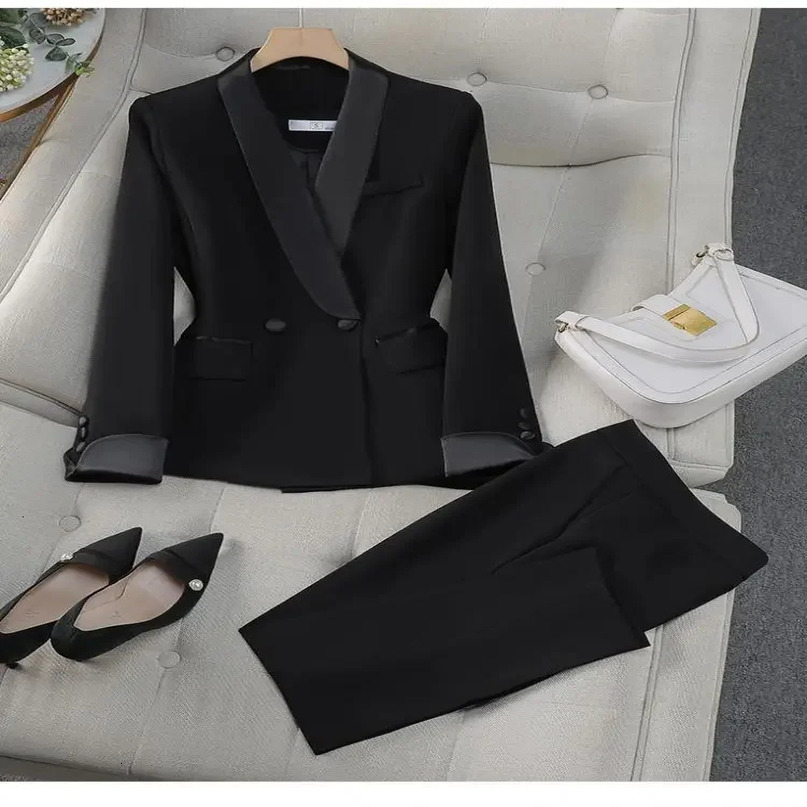Autumn Winter black and red patch work elegant button jacket top ankle length pants twopiece set Korean office suit 241115