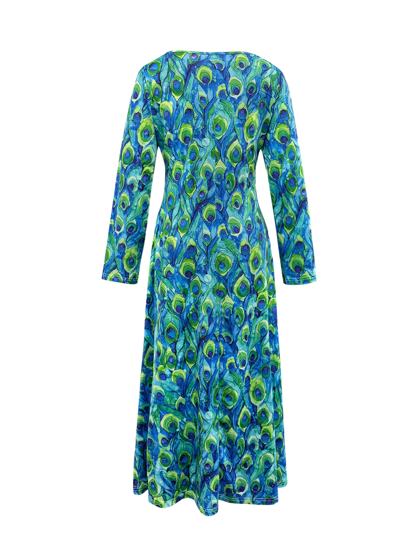 Women's Autumn Winter New Peacock - Printed Midi Dress with Pockets - Elegant & Versatile Peacock Blue Dress-CF56336