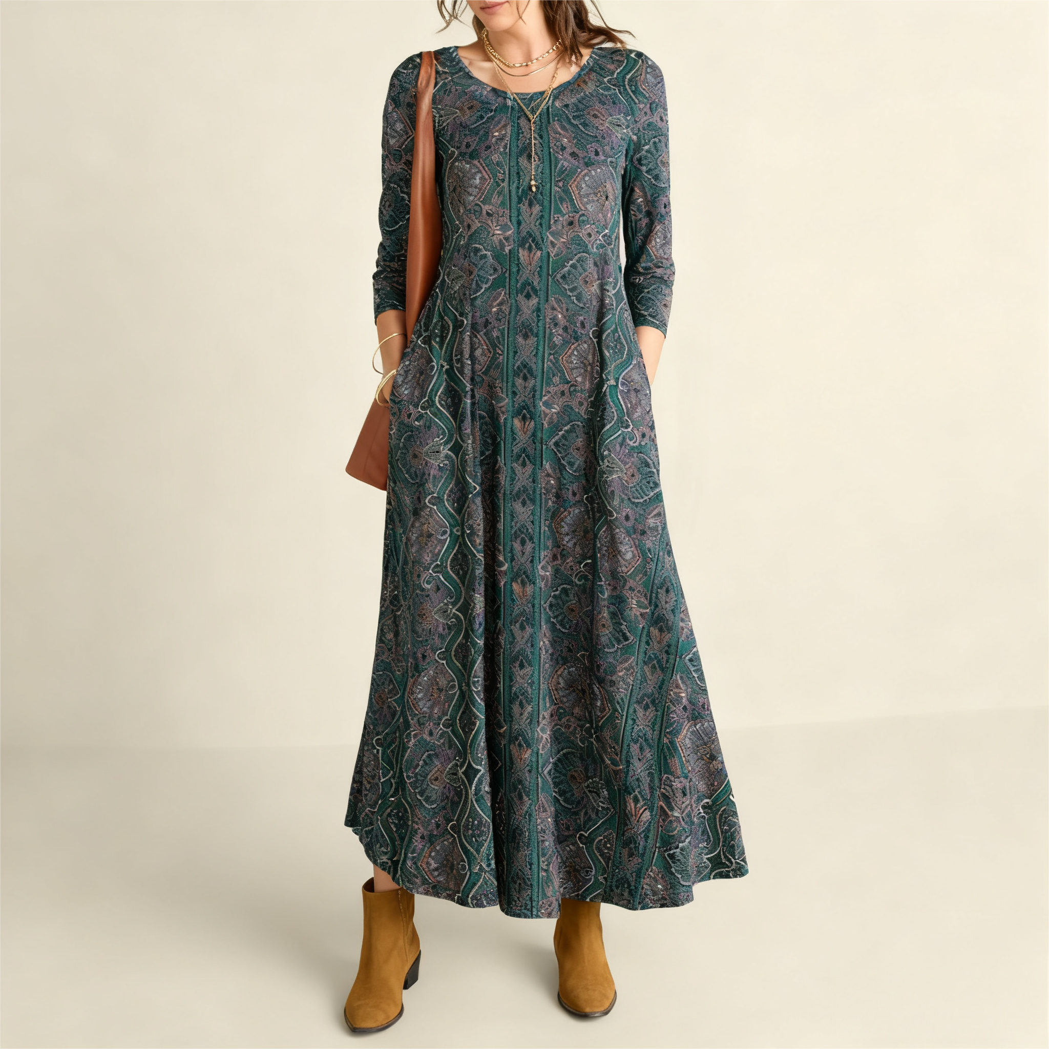 Women's Autumn Winter New Floral Printed Maxi Dress - Versatile Commute & Casual Dark Teal Dress-CF42328