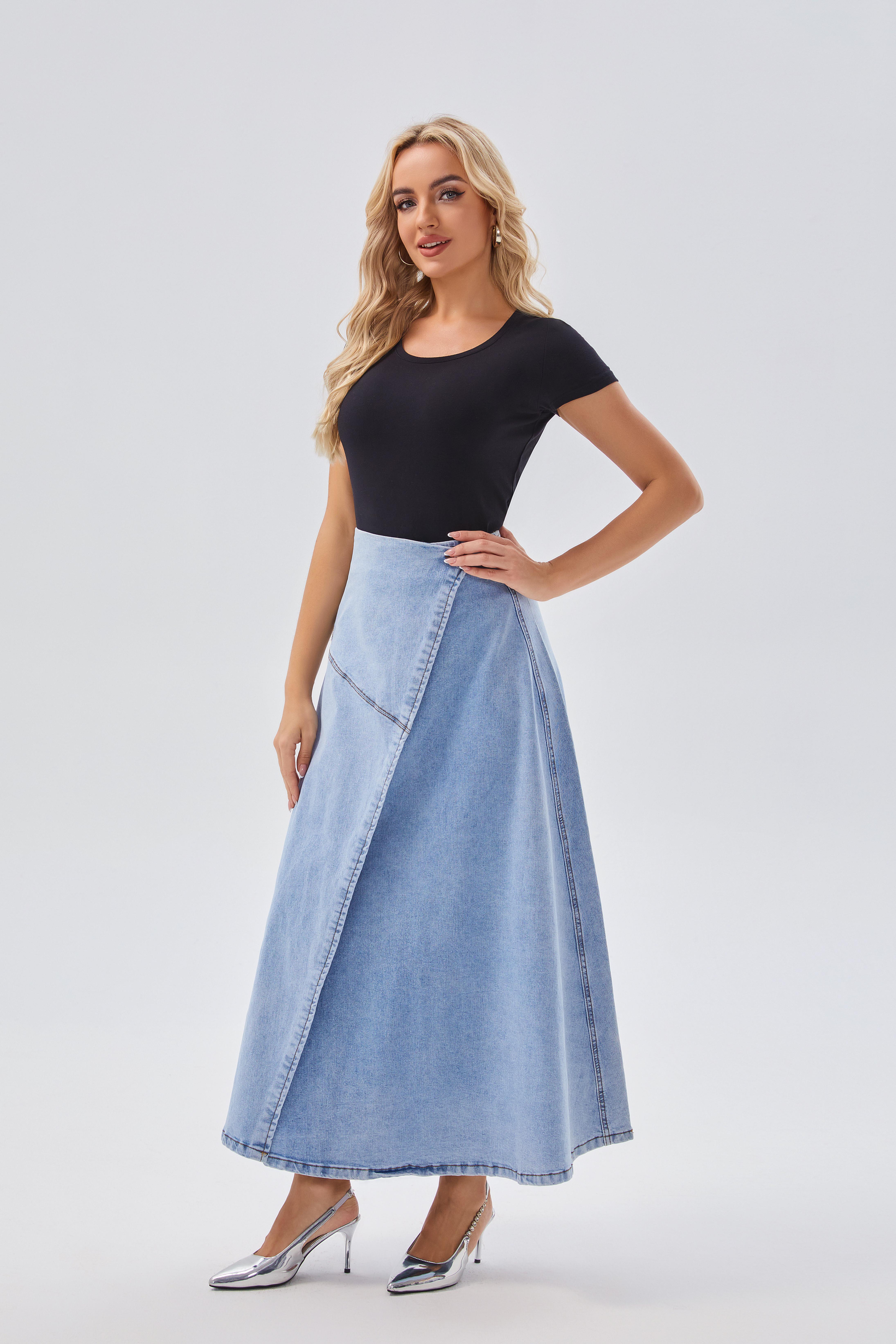 Skirts Women's Asymmetric Button - Up Light Blue Denim Midi Skirt - Trendy & Versatile, Perfect for Casual & Semi - formal Occasions