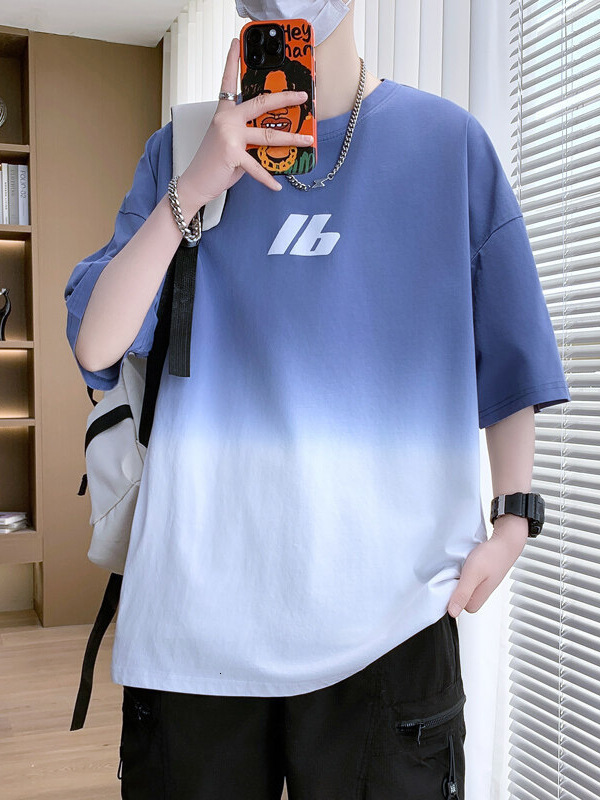 Heavy Gradient Ice Silk Cotton Short Sleeve T-shirt For Men Summer New Designer Hoodie Half Sleeve Trendy Cool Handsome Designer Shirt Youth Top