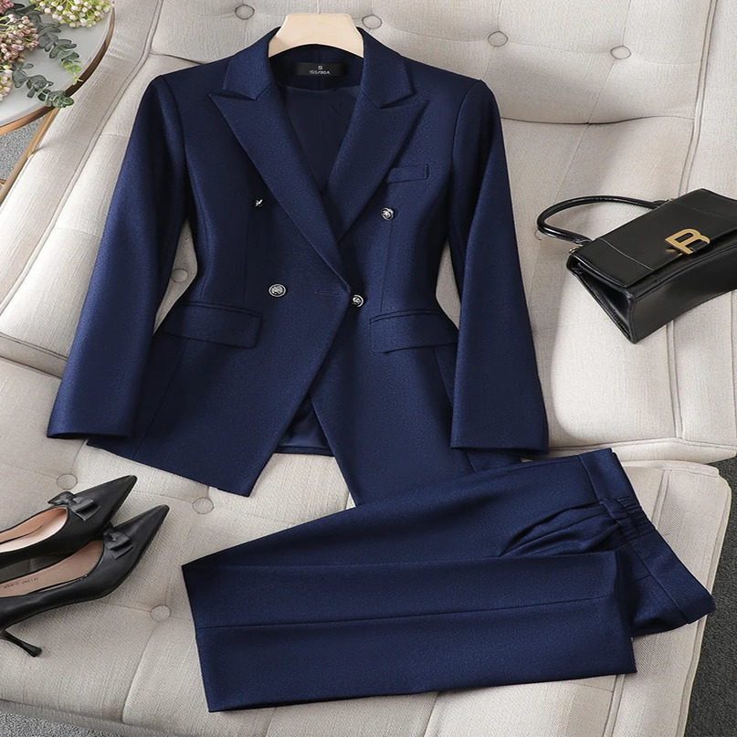 Grey black blue white womens long sleeved solid jacket and Trouser formal 2piece set suitable for autumn winter 241115