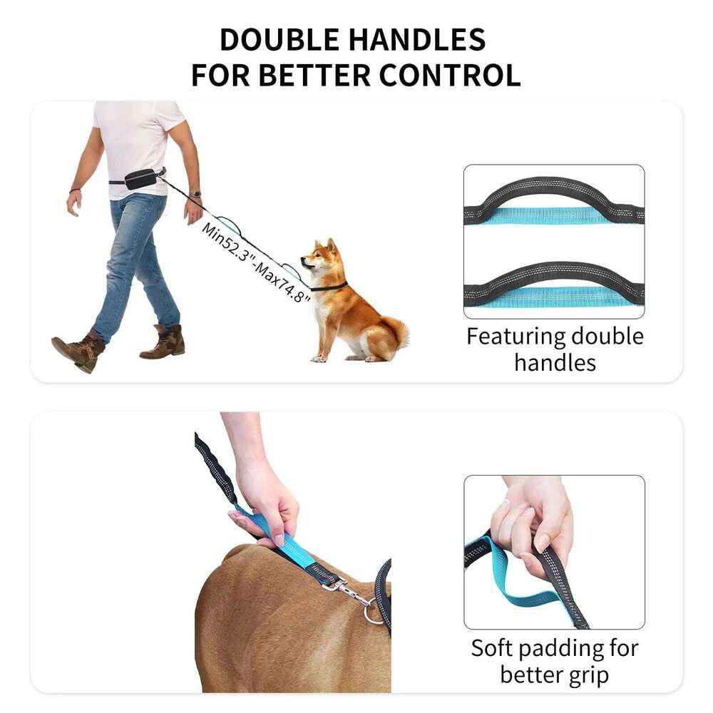 Hands-free leash with zipper bag, double padded handle durable elastic strap for walking, jogging and running your dog