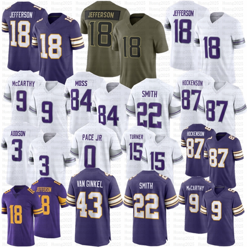Minnesotas City VikingsS Jersey J.J. McCarthy Justin Jefferson Football Jersey Kyler Murray Pace Jr Turner Jones Hockenson Addison Randy Moss Smith Van Ginkel Carter