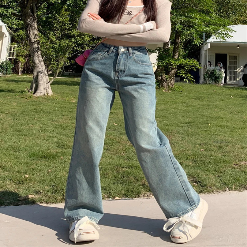 Blue Jeans Women Denim Pants High Waisted Wide Leg Chic Streetwear Trousers Y2k Korean Fashion Vintage Straight 240307