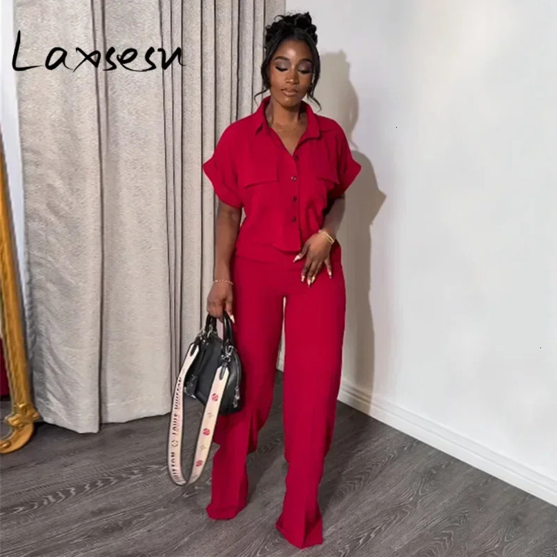 Laxsesu twopiece pants set casual womens lapel short sleeved Tshirtwide leg 241008