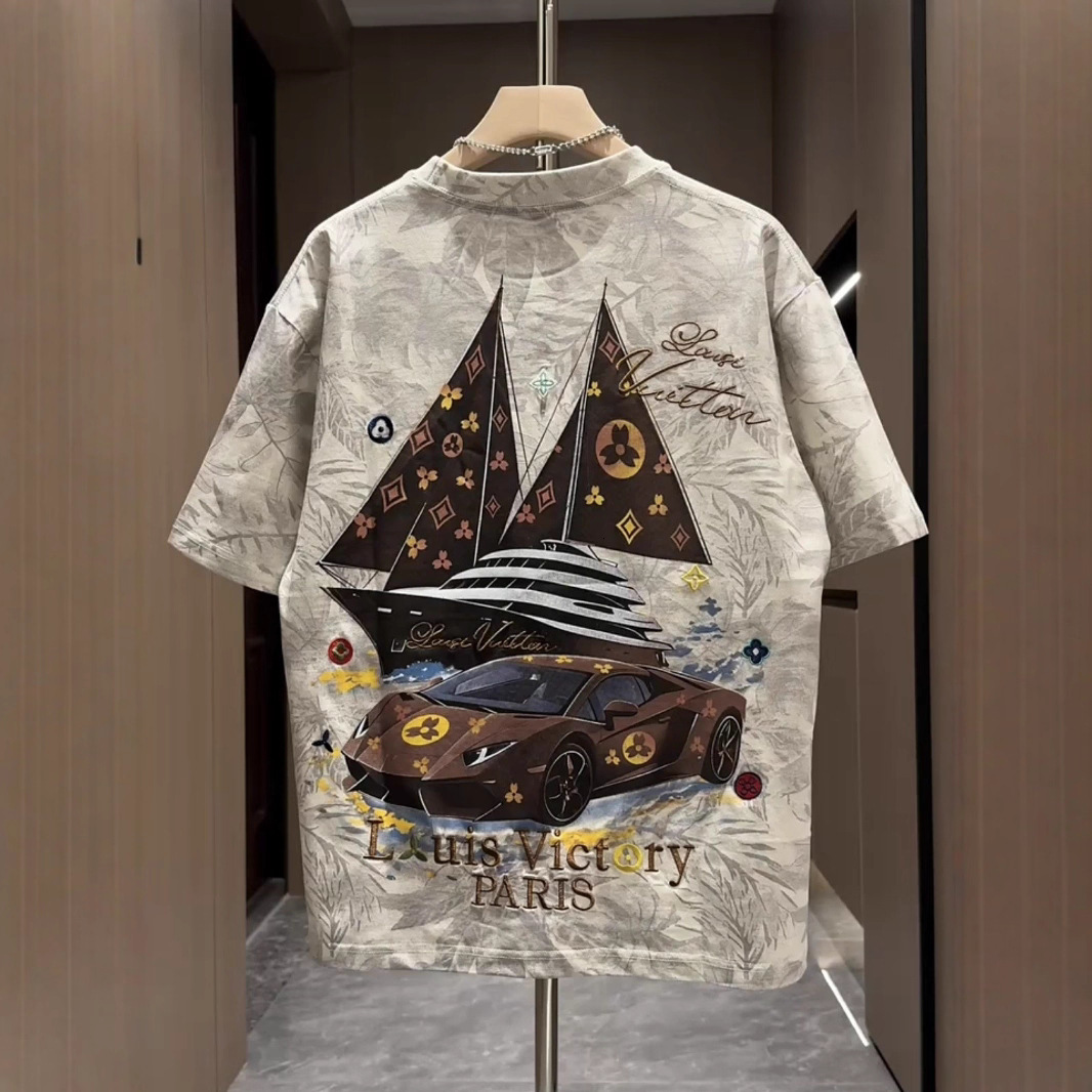 Smooth Sailing Sailboat Print Short Sleeve Men's Designer Shirt 2025 Summer New Trendy Brand Designer Hoodie Embroidered T-shirt Cool Versatile Light Luxury