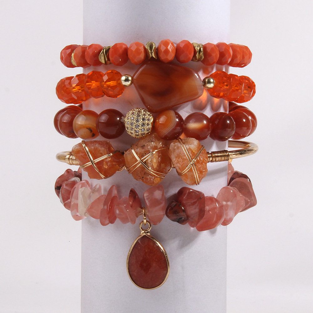 Bohemian Stack Bracelet Natural Stone Glass Mixed Crushed Stone Bracelet 5PCS Womens Bracelet Set