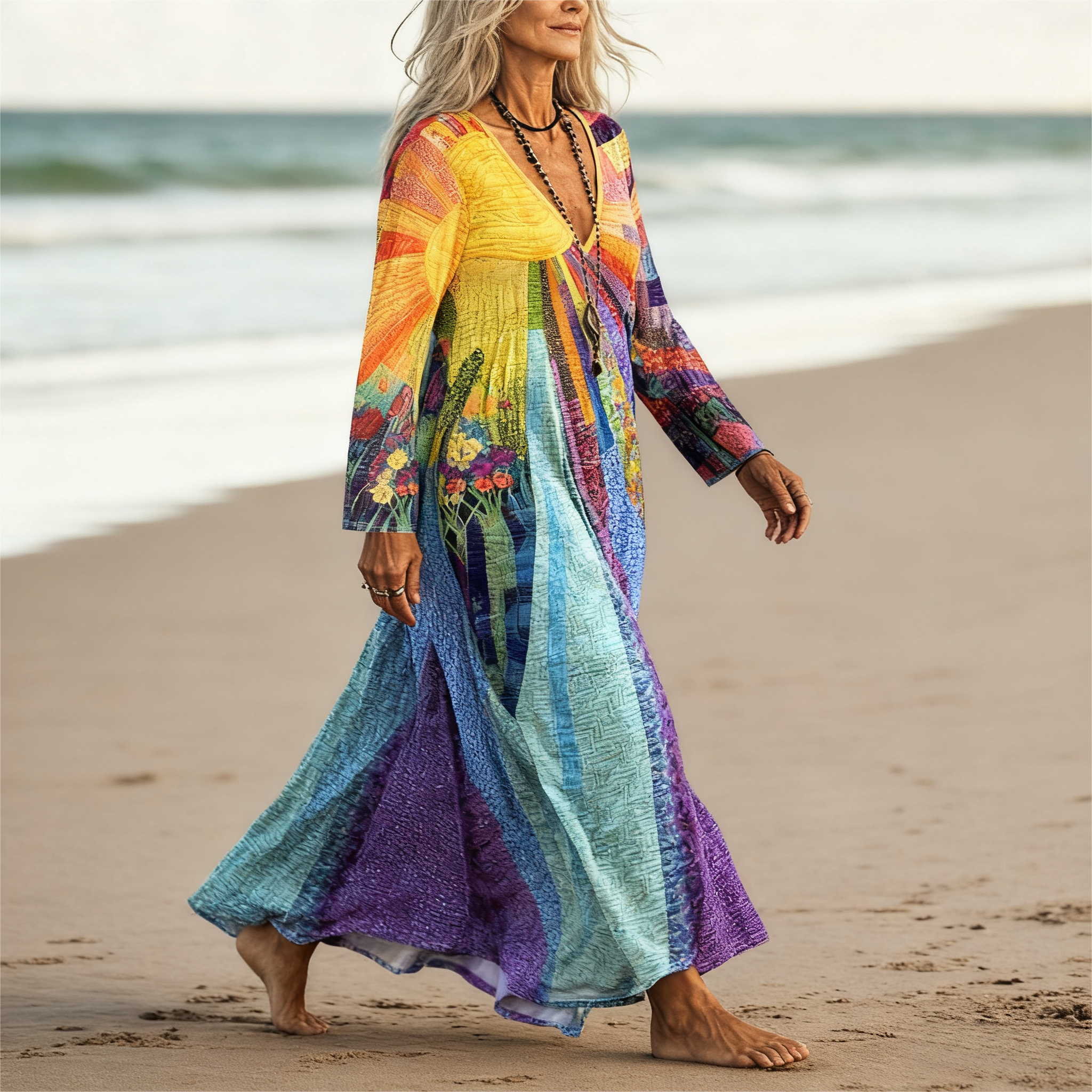 Women's Autumn New Vacation Plant - Printed V - Neck Maxi Dress - Elegant & Casual Mixed - Color Dress-CF50930