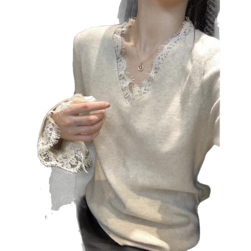 2025 Autumn/Winter New Top Lace V-neck Long sleeved Knitted Sweater Designer Luxury design Jacket Basic Shirt Autumn/Winter New Inner Basic Shirt Swea