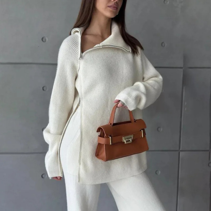 Talenza Knitted Sweater Set Womens Solid Turtle Collar Zipper Top 2piece Autumn Pants 241008