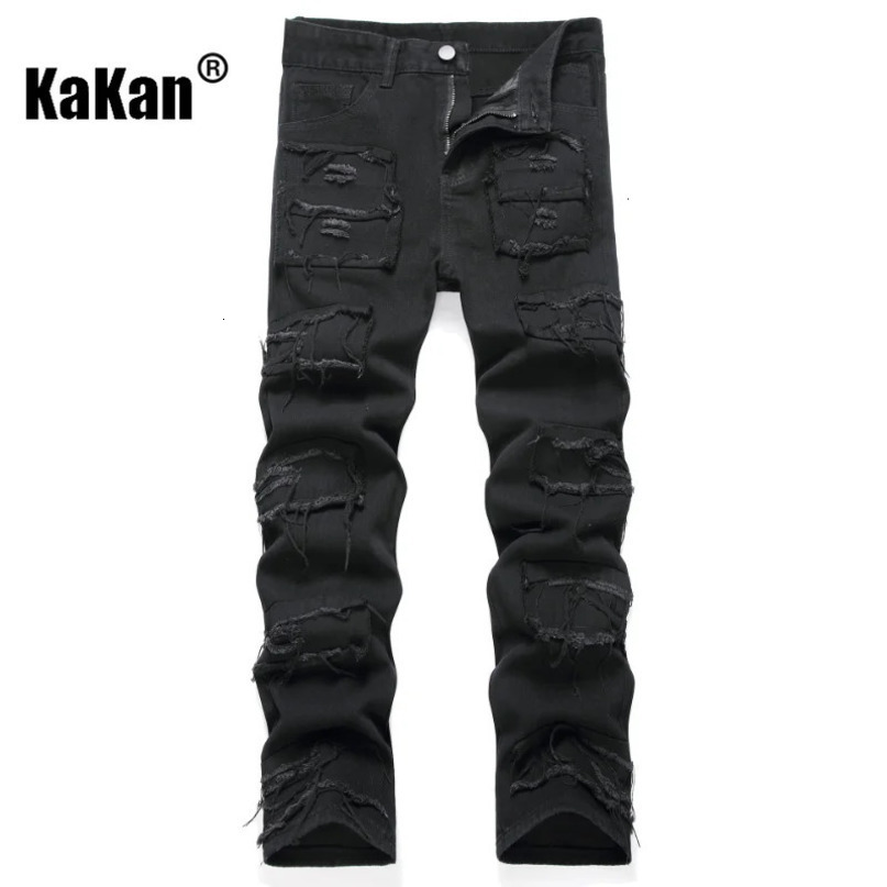 Kakan European and American casual slim fit small leg elastic straight mens jeans black scratch long 9010 241008