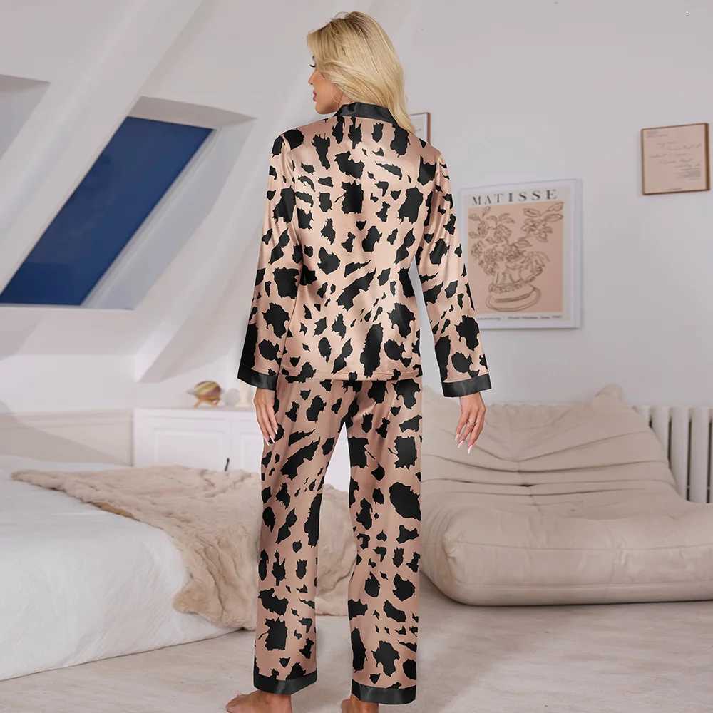 New Women Pajamas Set Sleepwear Sexy Print Leopard Long Sleeve Cardigan Trouser Pijamas Suit Spring Satin Home Wear Loungewear Y251010