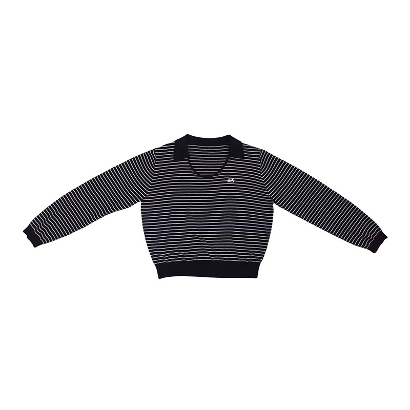 Ladies' Retro Striped Polo - Collar Embroidered Knit Base Layer Top Crafted for softness and high elasticity, featuring classic stripes -1708