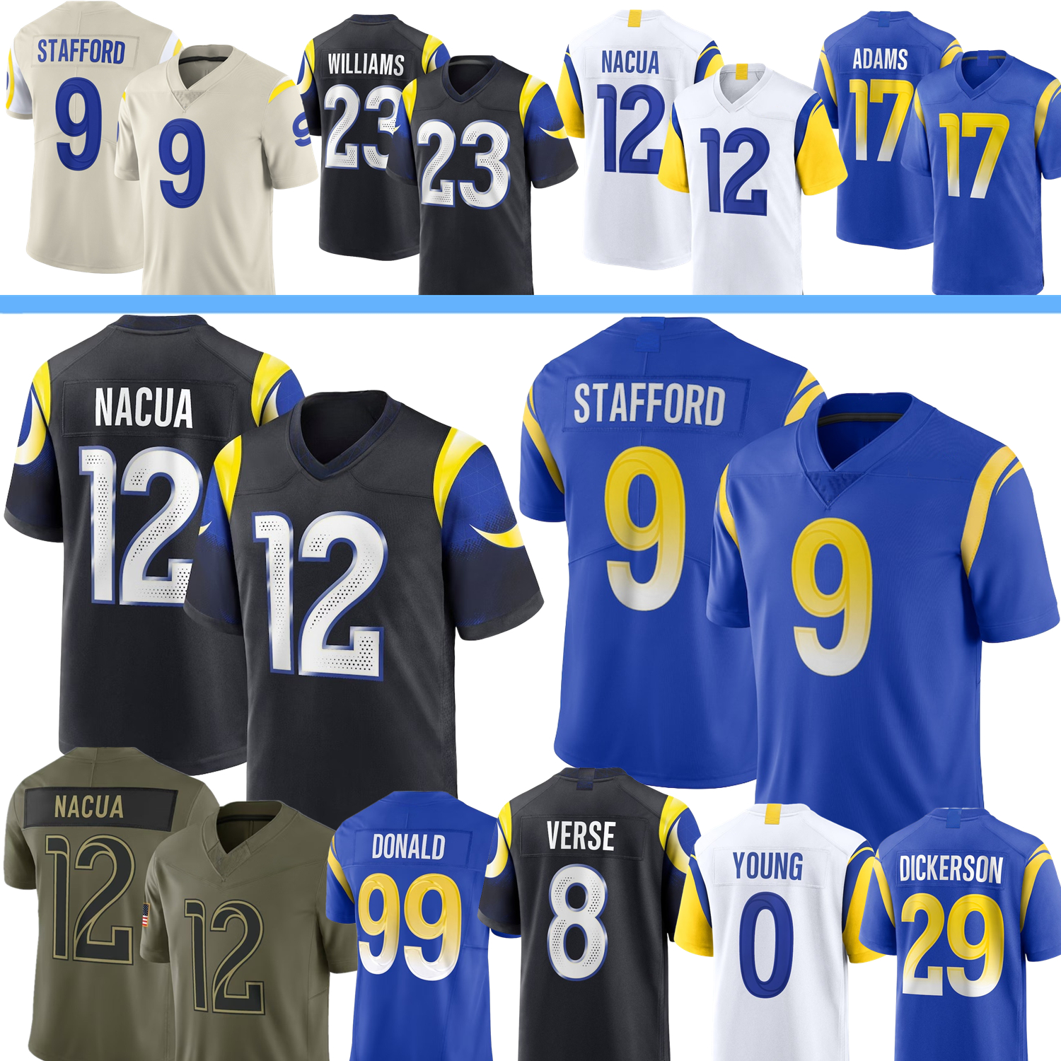Football Jersey MatthewS Stafford Davante Adams Puka Nacua Jared Verse Aaron Donald Eric Dickerson Stetson Bennett Williams Higbee Young Curl Women Youth 4XL