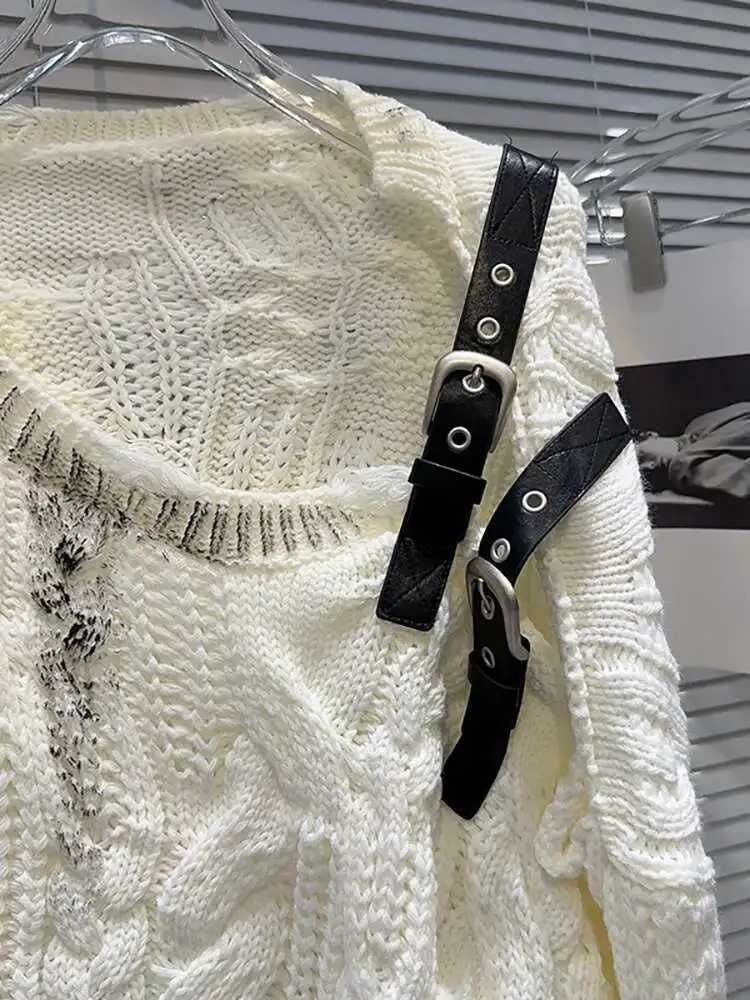 DEAT Womens Sweater Off Shoulder Loose Knitted Holes Long Slve Irregular Pullover 2025 New Fashion Summer 11A0891 L251010E7FM