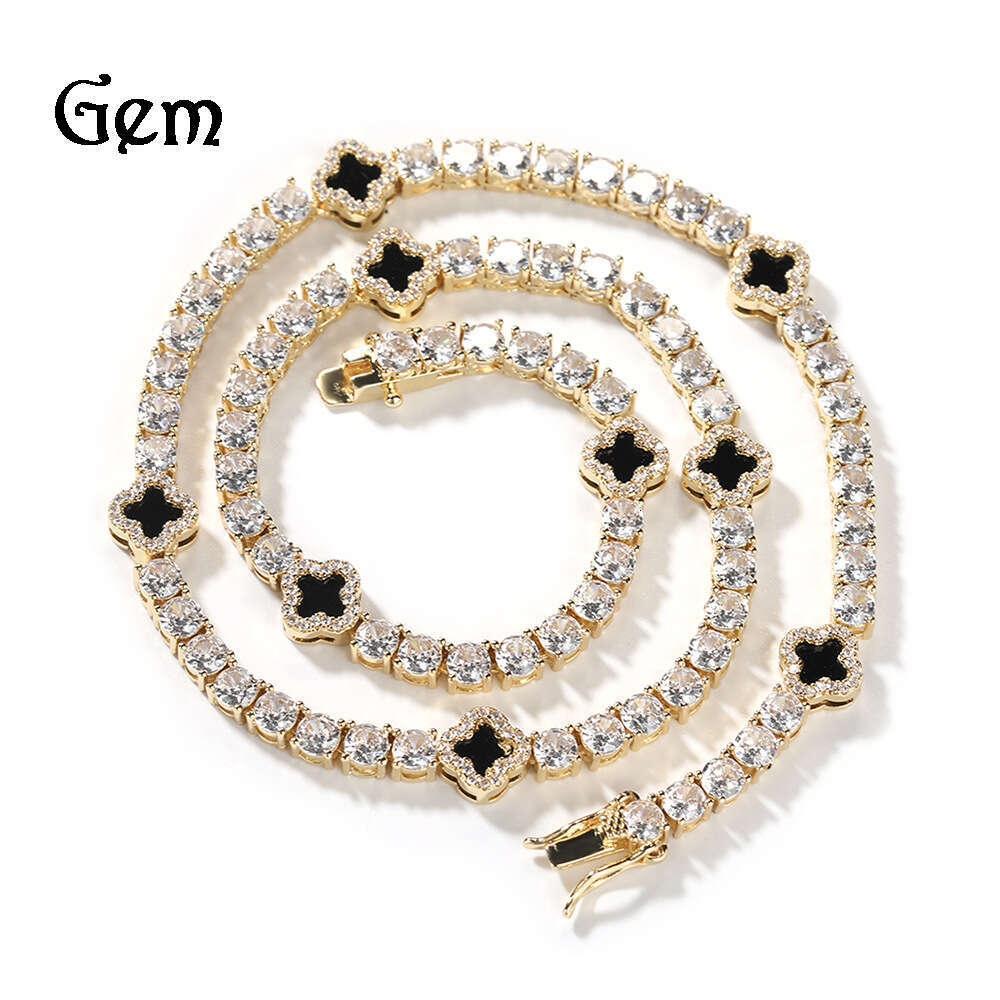 Ins Style Four-Leaf Clover Inlaid Dia Tennis Necklace for Women Exquisite High-End Clavicle Chain Accessory Summer New Arrival