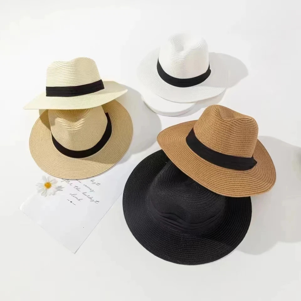 Large Size 5557 6162cm Natural Panama Straw Hat Summer Men Women Wide Brim Beach UV Protection Fedora Sun Hat Wholesale 251010