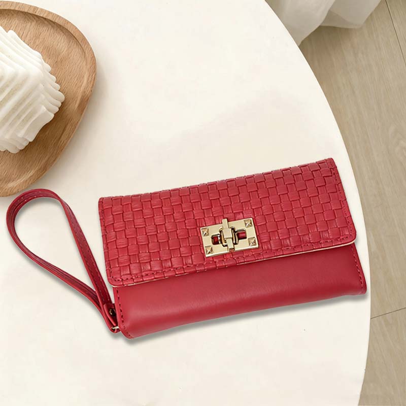 Wallets Women's Fashion Red Long Zipper Wallet - Woven Texture Clutch with Wrist Strap & Metal Lock, Multi - Card Slot Easy Storage Purse for Dai