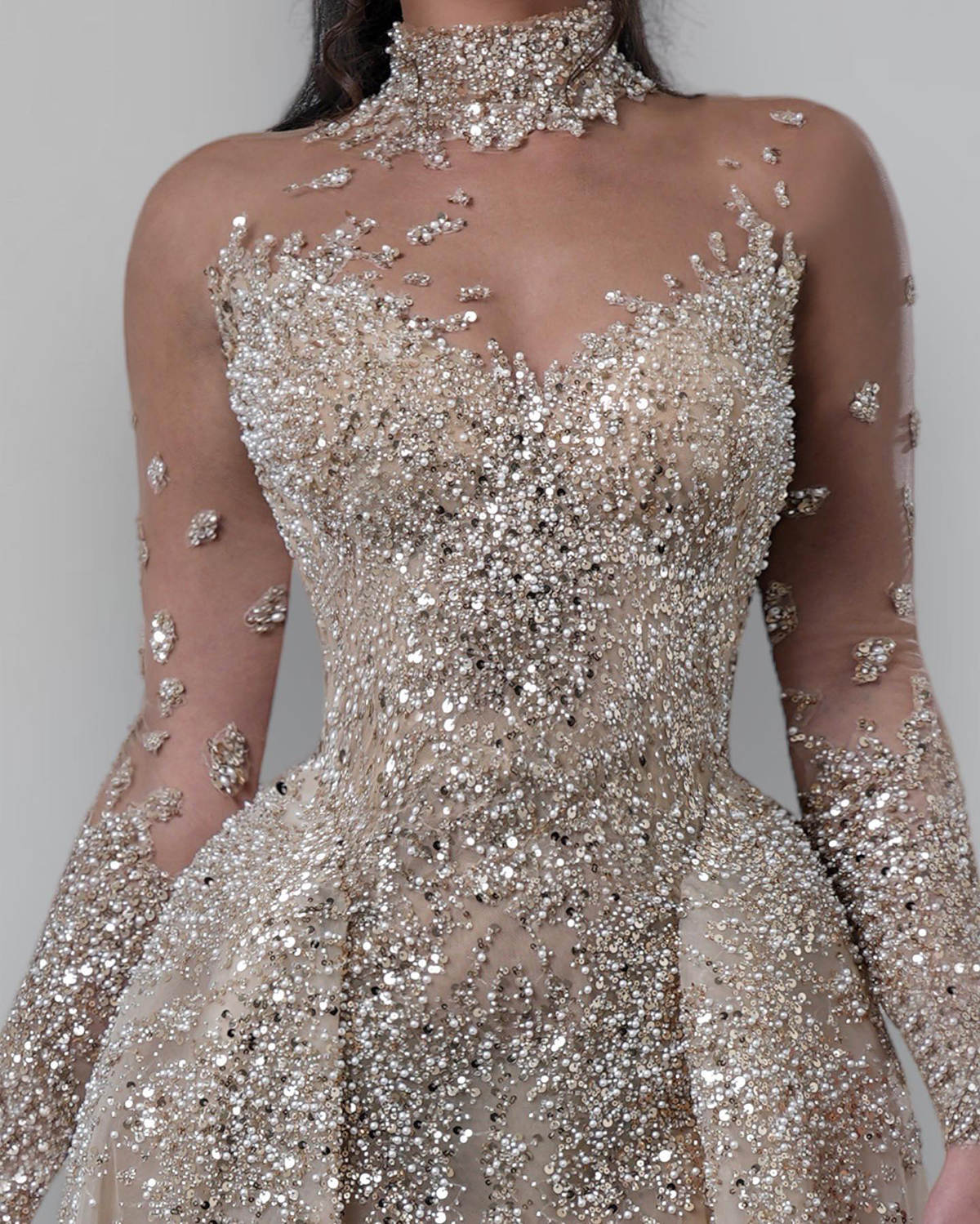 Glamorous Sequins Bridal Gowns High Neck Long Sleeve Sheer Mermaid Wedding Dresses Beadeds Formal Customized Dresses