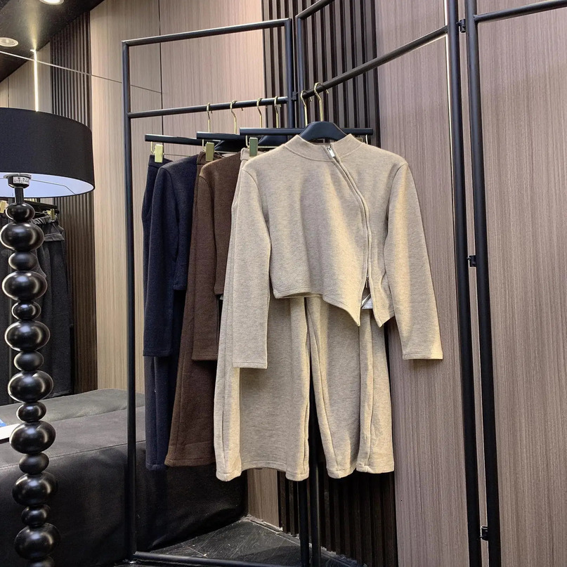 hoodie and pants set slim fit irregular high neck topelastic waist wide leg 241008