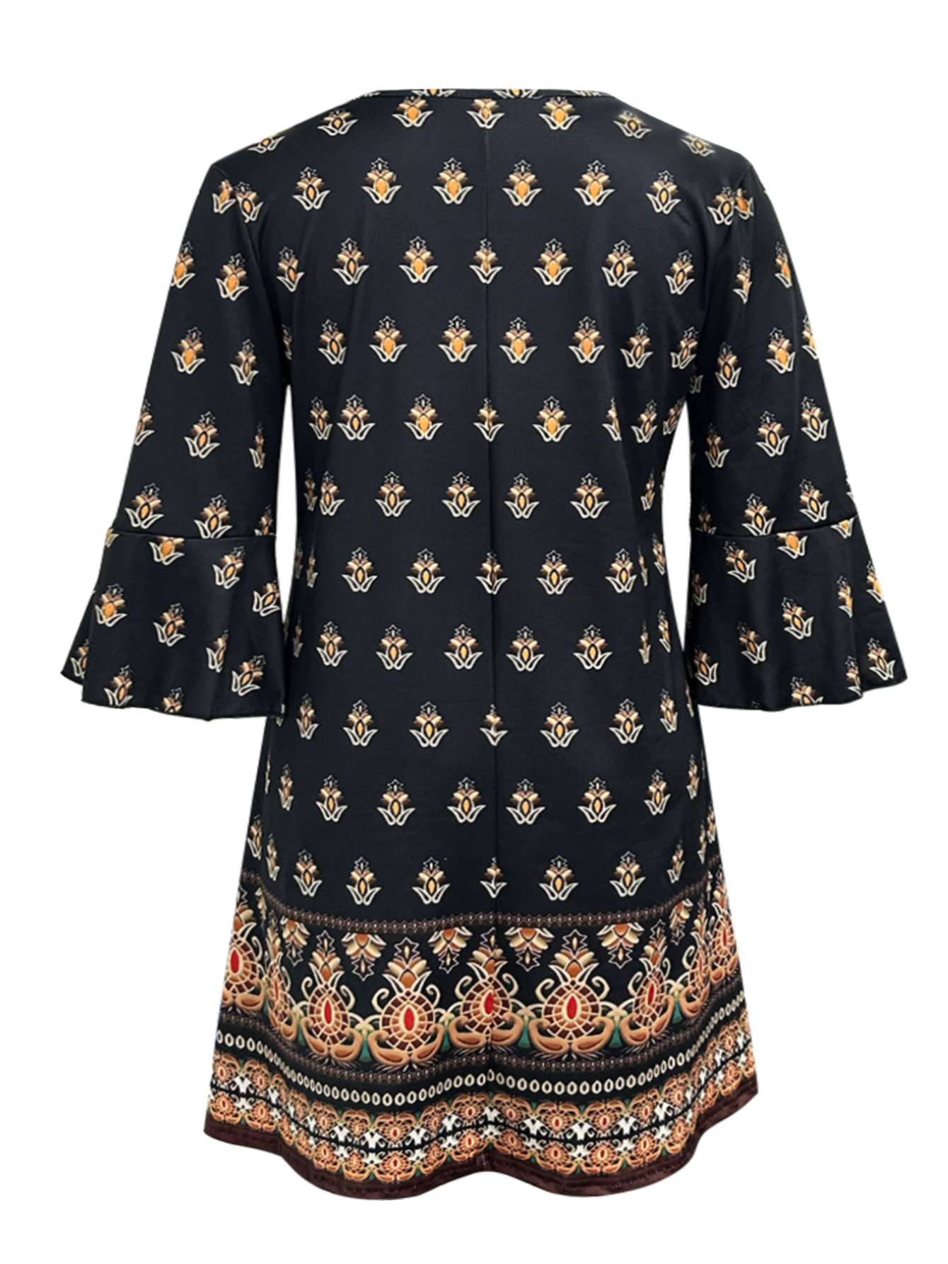 Women's Autumn New Plus - Size Ethnic - Style Printed Dress - Elegant & Versatile Office - Wear Black Dress-YL25404