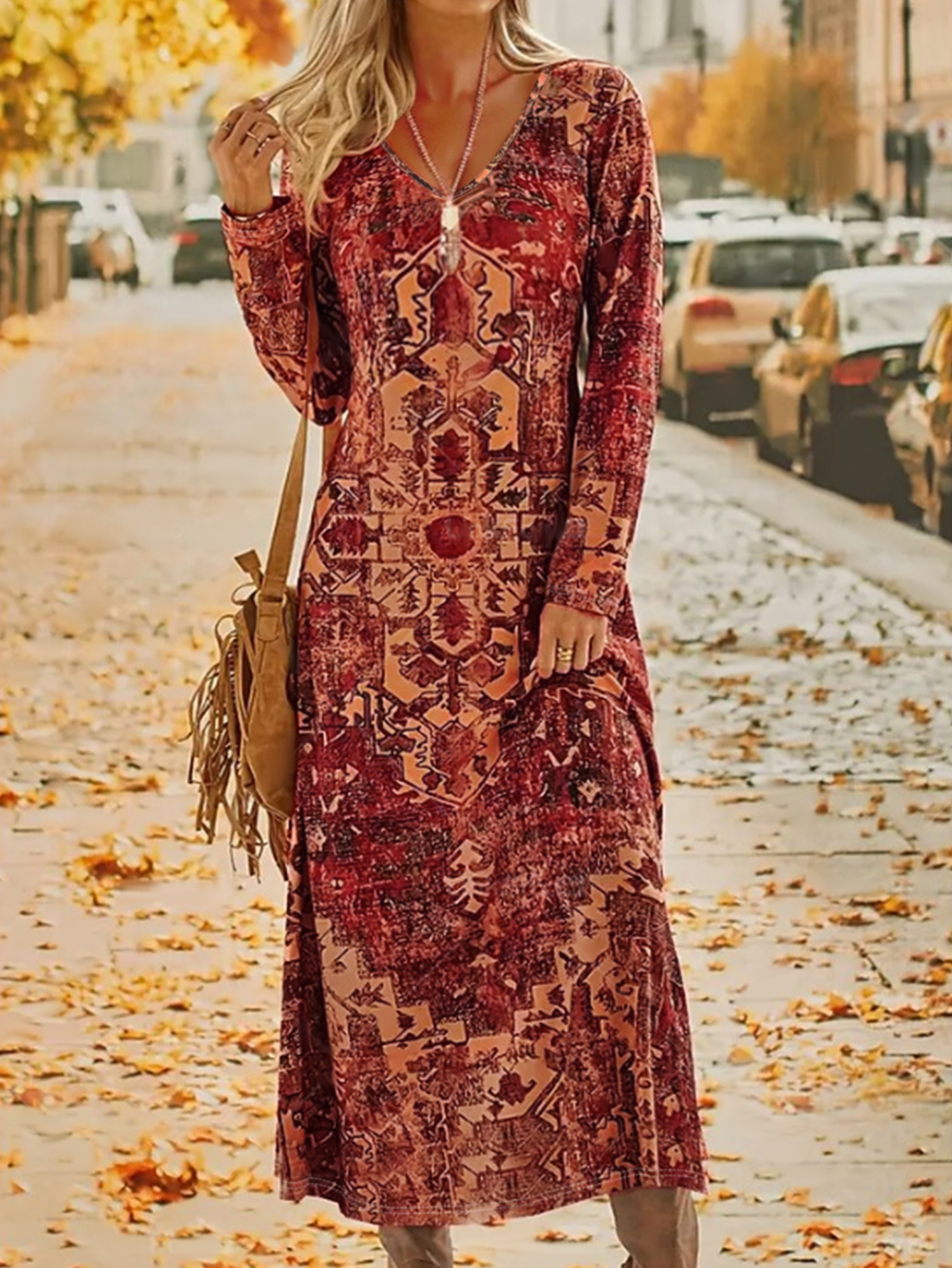 Women's Autumn Winter Retro Printed Midi Dress - Casual Versatile Elegant Office - Wear Brick - Red Dress-CF56328
