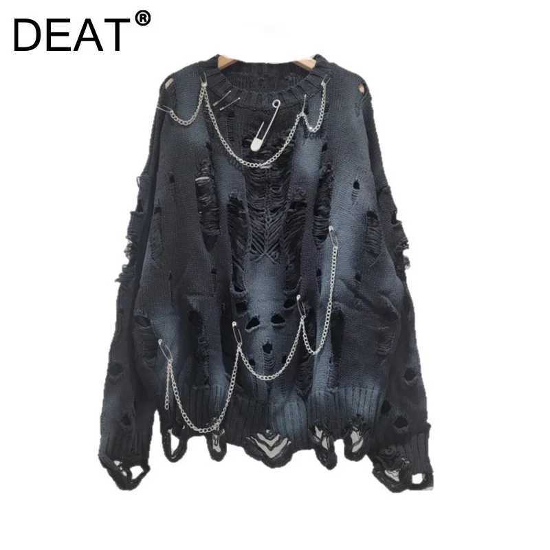DEAT Womens Knitted Pullover Tiedye Holes Chains Pins Loose Long Slve Oneck Sweaters 2025 New Fashion Autumn 29A2729 L2510102QVT