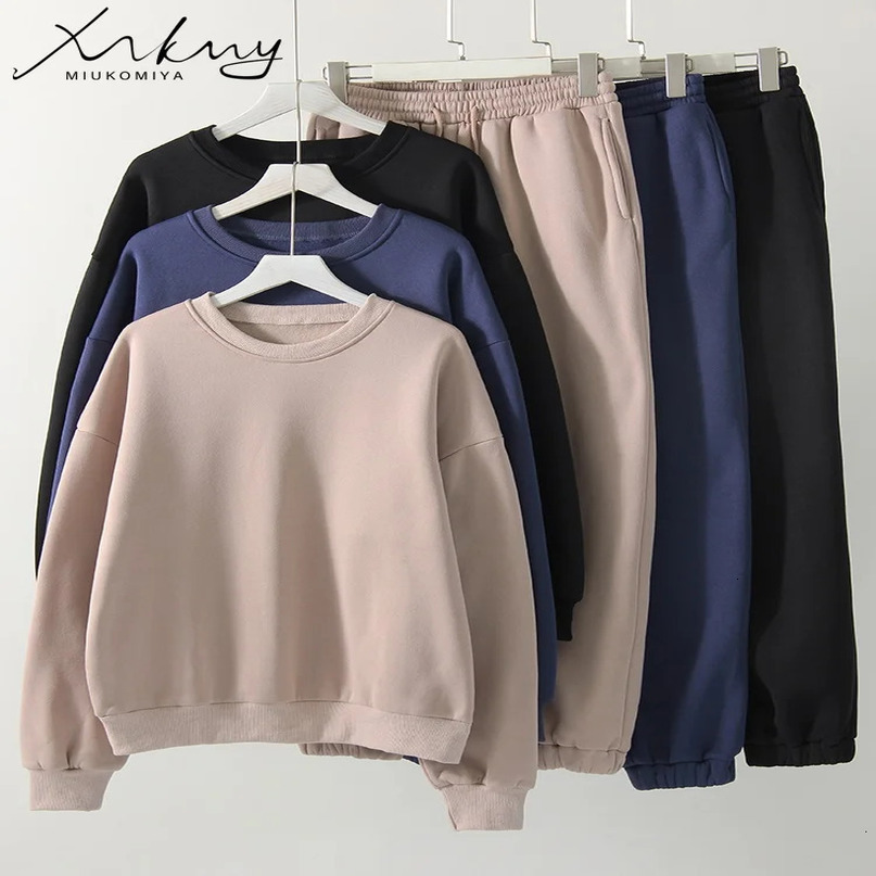 MiuKoMiYa Womens Pants Set Winter Two piece Sportswear Loose Wool Oneck Sweater 2piece 241008