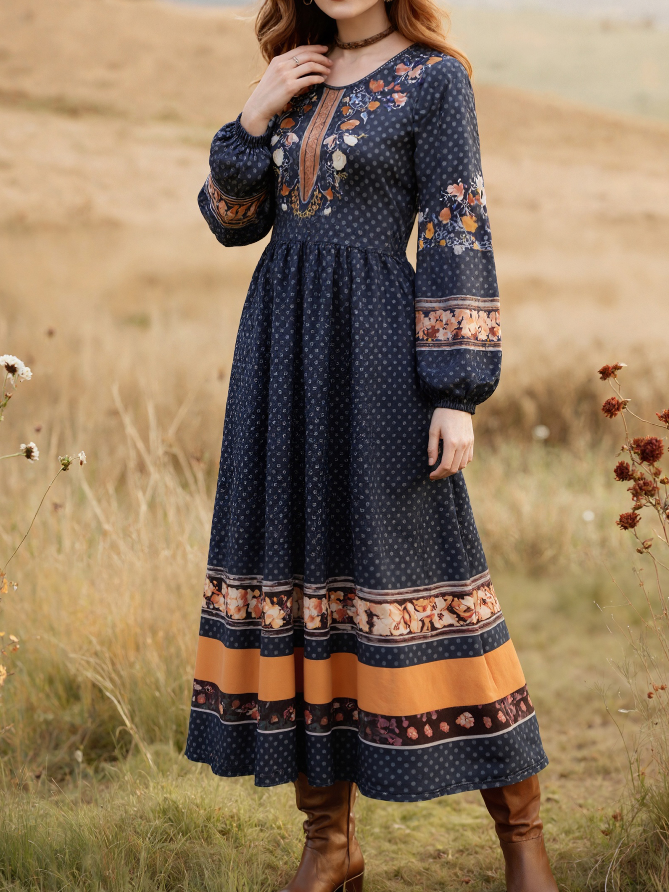 Women's Autumn Winter New Floral Printed Maxi Dress - Casual Versatile Vacation Round - Neck Long - Sleeve Dress-CF56278