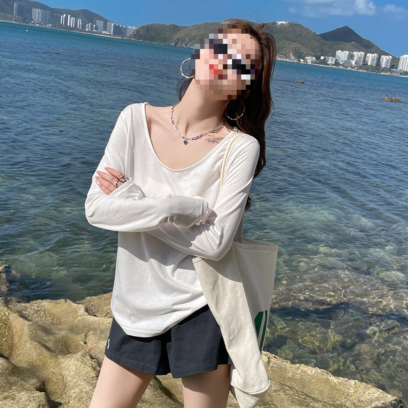 White V-neck Slub Designer Shirt Designer Hoodie Cotton Sunscreen Long Sleeve T-shirt For Women 2025 Summer New Thin Cover-up Ice Silk Cotton Linen Loose Top