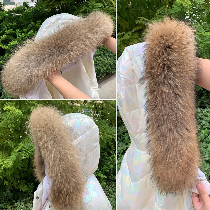 Real Fur Collar for Coat Parka Winter Natural Raccoon Fur Scarf for Jacket Warm Furry Hood Trim with Buttons 251011
