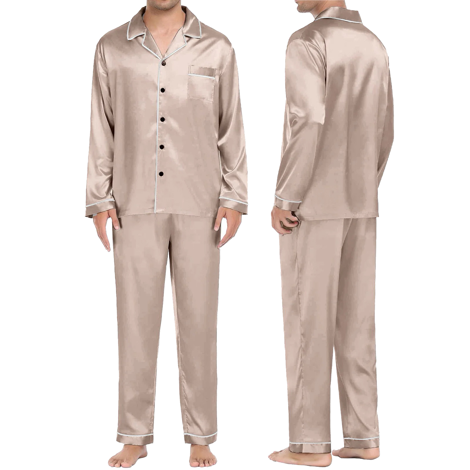 Men's Pajamas with Shirt Two-piece Set Men's Casual Pajamas Long Sleeve Shirt Button-up Silk Satin Pajama Set