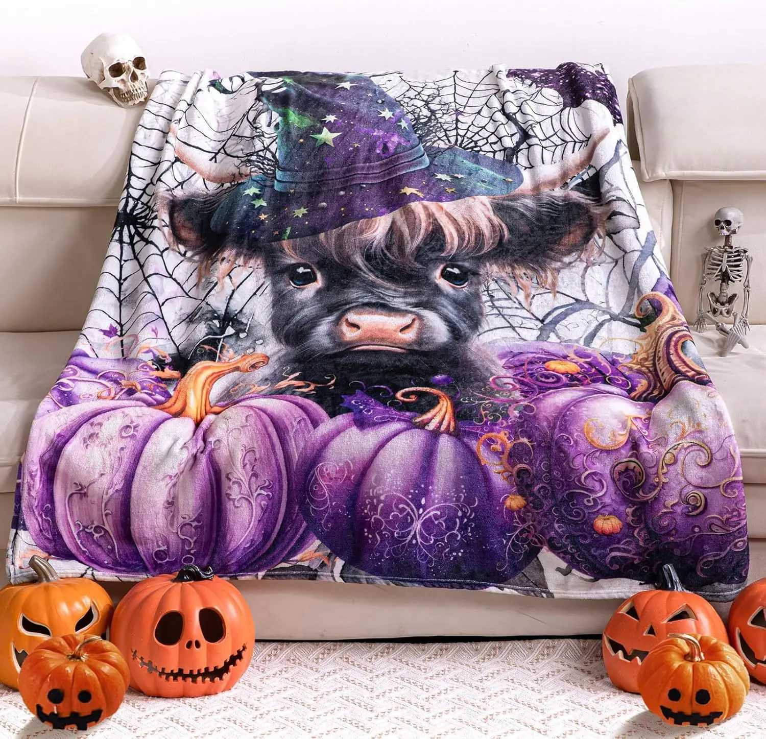 Plush Warm Fleece Blankets for Women Men Girls Halloween Throw Blanket Cute Baby Highland Cattle Witch Flannel Blanket Soft C251011