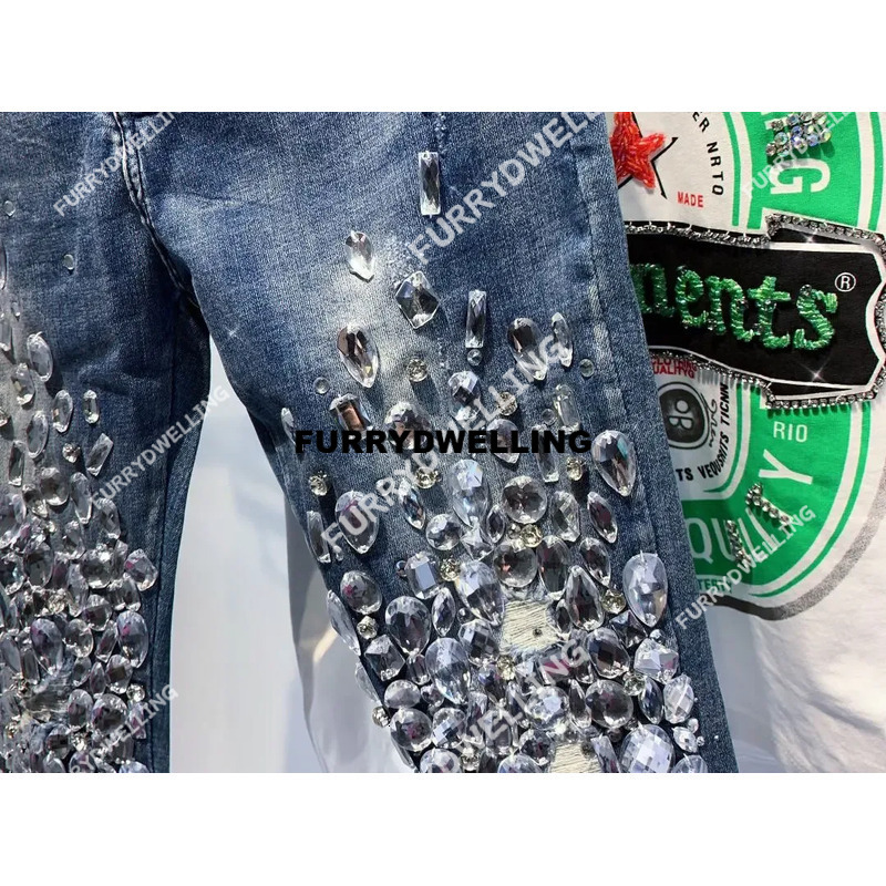 Wholesale Women Handmade Dwe74 Dias Beaded Denim Pencil Pants Sewing Crystal Trousers Shiny Skinny Stretch Jeans Rhinestones Pantalon