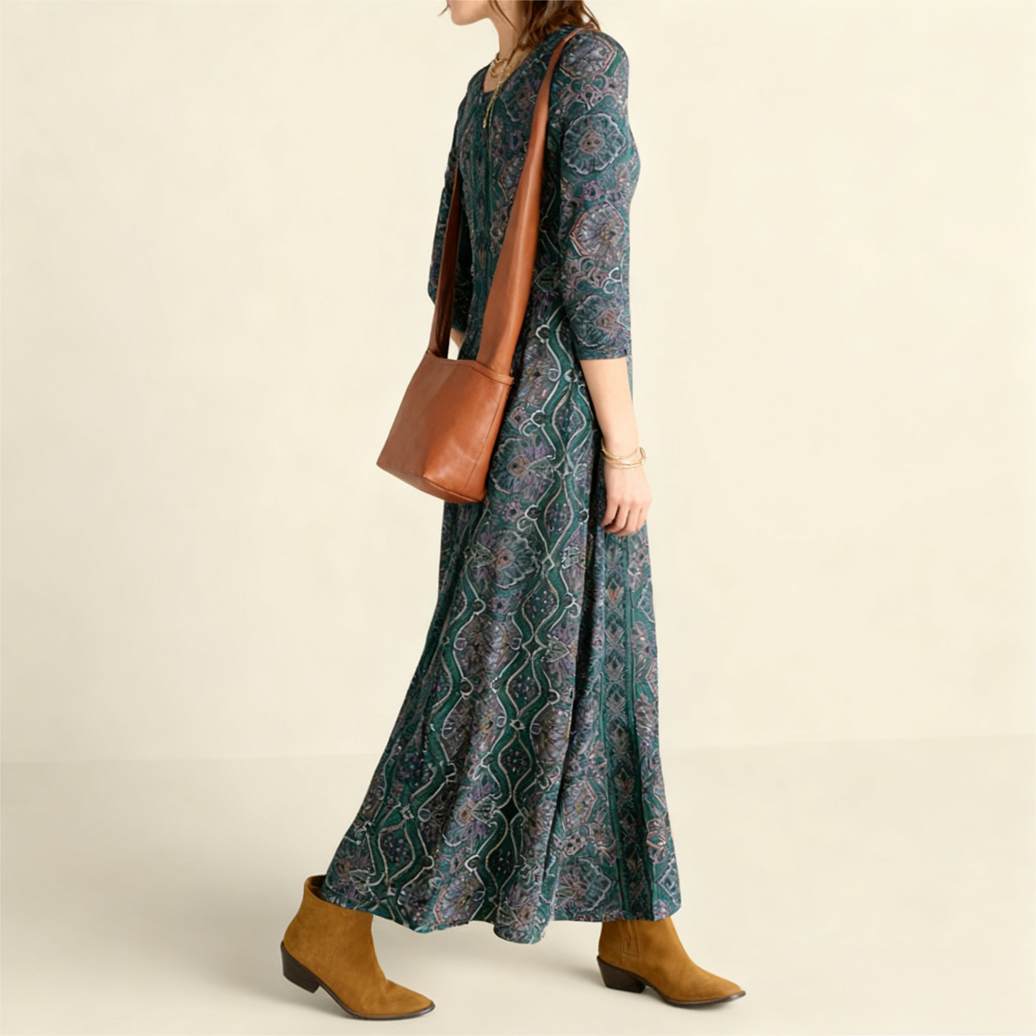 Women's Autumn Winter New Floral Printed Maxi Dress - Versatile Commute & Casual Dark Teal Dress-CF42328