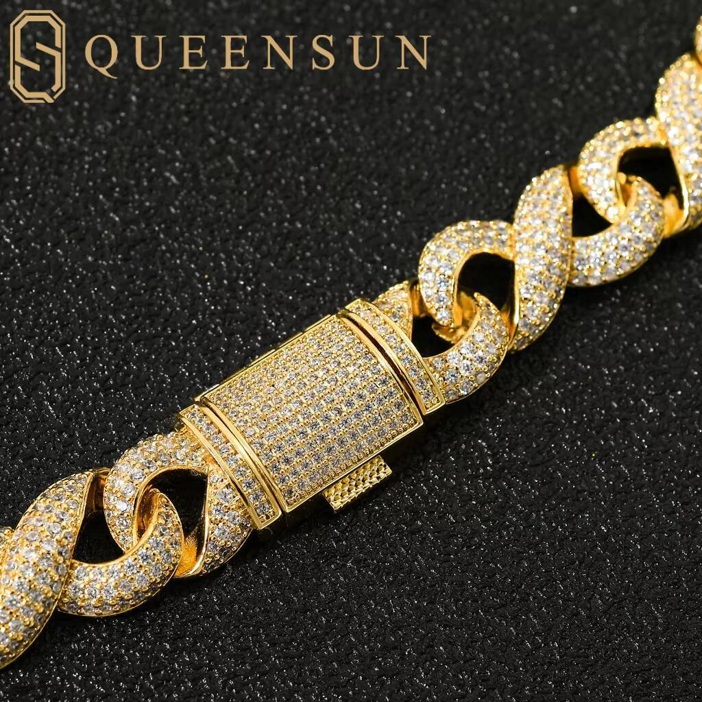 Queensun 14K Solid White Gold 15mm Infinite Cuban Chain Bracelet IGI GRA Lab Grown Diamond Hiphop Party Hiphop Bangles for Gift