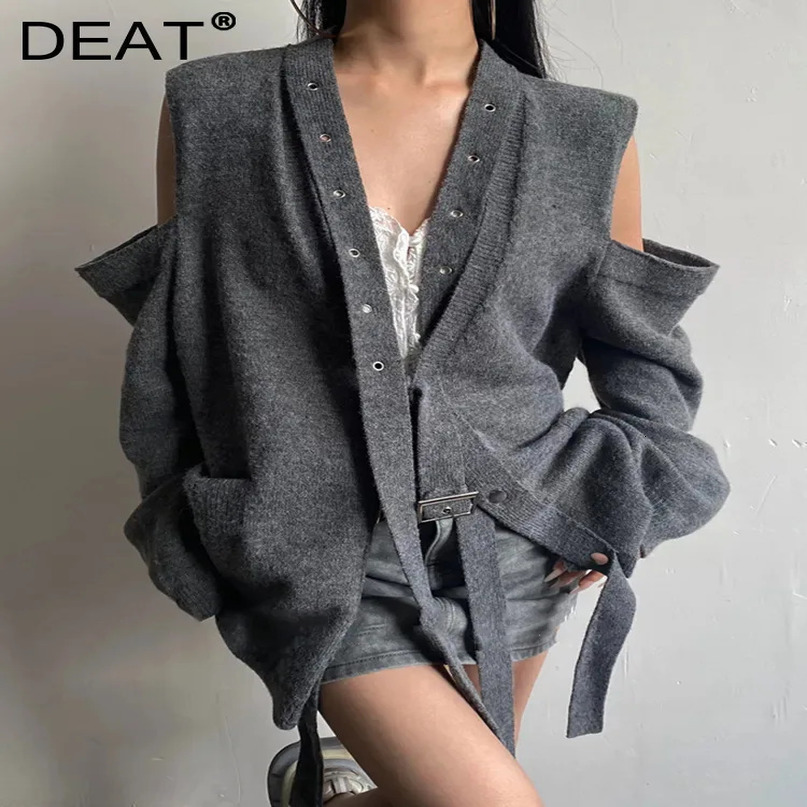 DEAT Fashion Womens Knitted Cardigan Shoulder Hollow Out Pockets Elastic Ribbon Decorate Loose Coat Autumn 7AB1714 241203