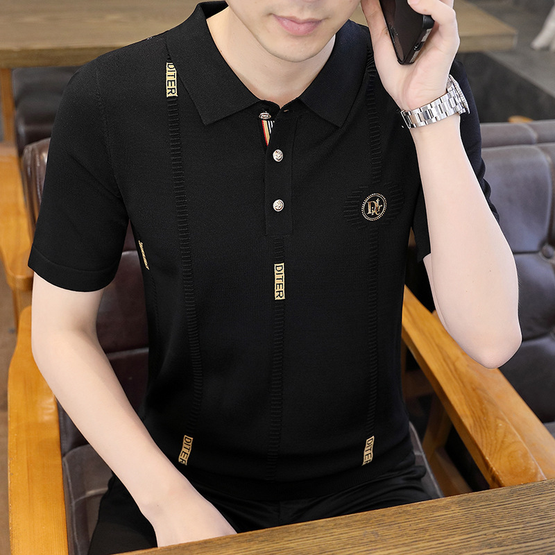 Turn-down Collar Knitted Short Sleeve T-shirt Men's Thin Slim Fit Summer Designer Hoodie Ice Silk Top Trendy Top Polo Designer Shirt T-shirt Men