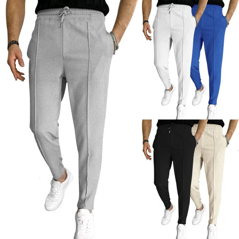Mens casual pants Stretch Slim waist Waffle Classic blue black grey khaki mens plus size S3XL 240806
